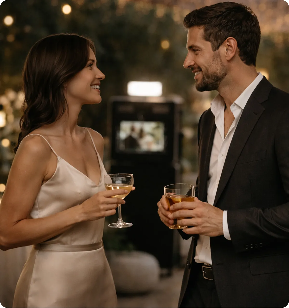 A smiling man in a dark suit and a woman in a satin dress holding drinks and facing each other at a social event.