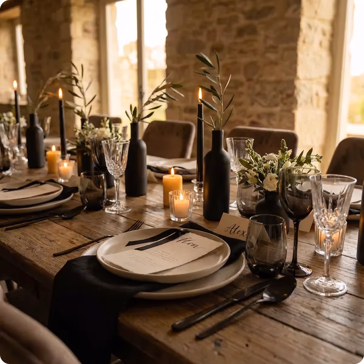 Rustic wooden dining table set with black candles, elegant glassware, white flowers, and place cards in a room with stone walls and large windows.