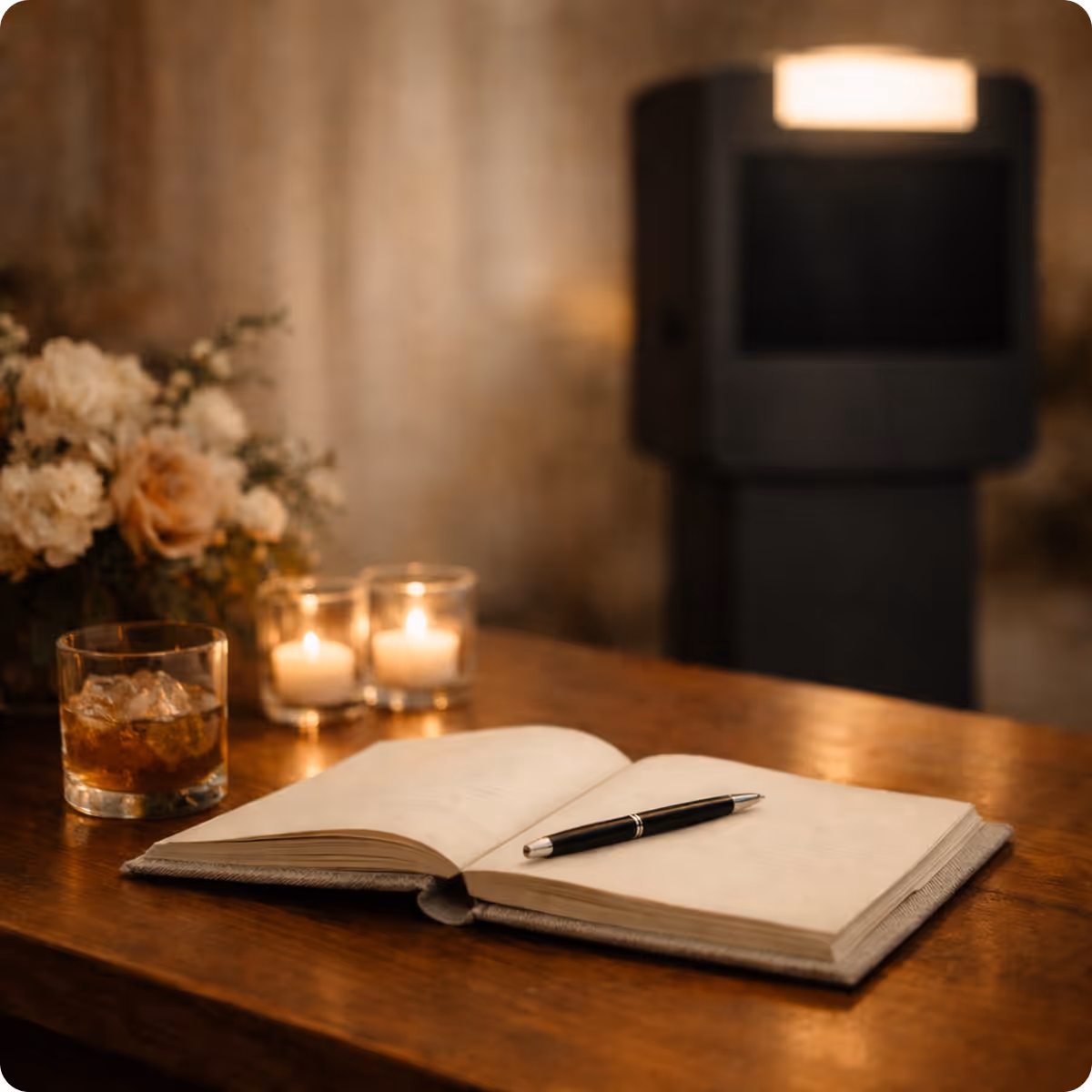 Open notebook with a pen resting on a wooden table lit by candlelight, next to a glass of whiskey and a floral arrangement.